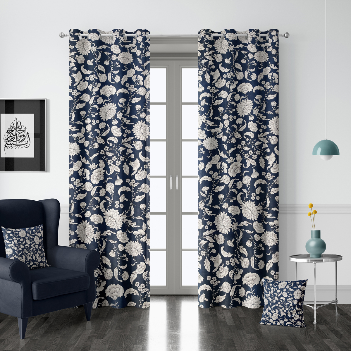 Blue Floral Printed Nature Duck Cotton Curtains – Pair
