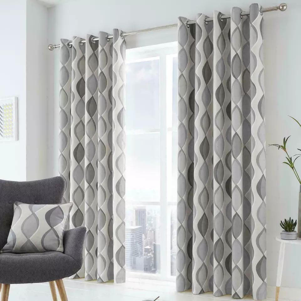 Grey Duck Cotton Geometric Eyelet Curtain 02